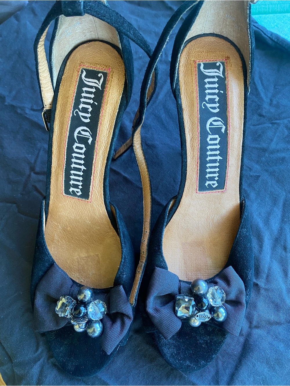 Vintage Y2K Juicy Couture Black Suede Jeweled Bow Heels 8